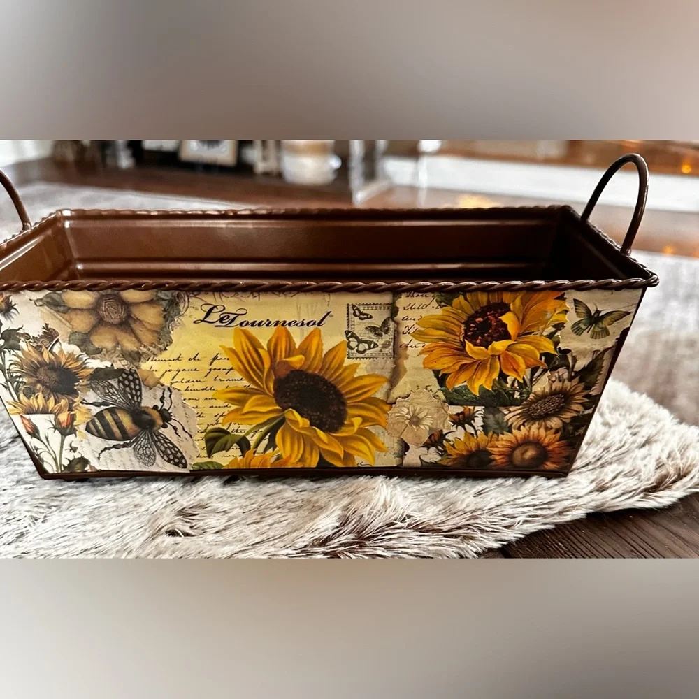Hand crafted Artisan rustic Floral Metal Storage Bin Brown and Yellow